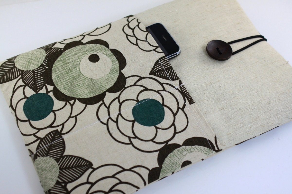 Laptop Case, 13" MacBook Case, 13" MacBook Air Case, 13" MacBook Pro Case, PADDED, with 2 pockets - Blossoms on linen