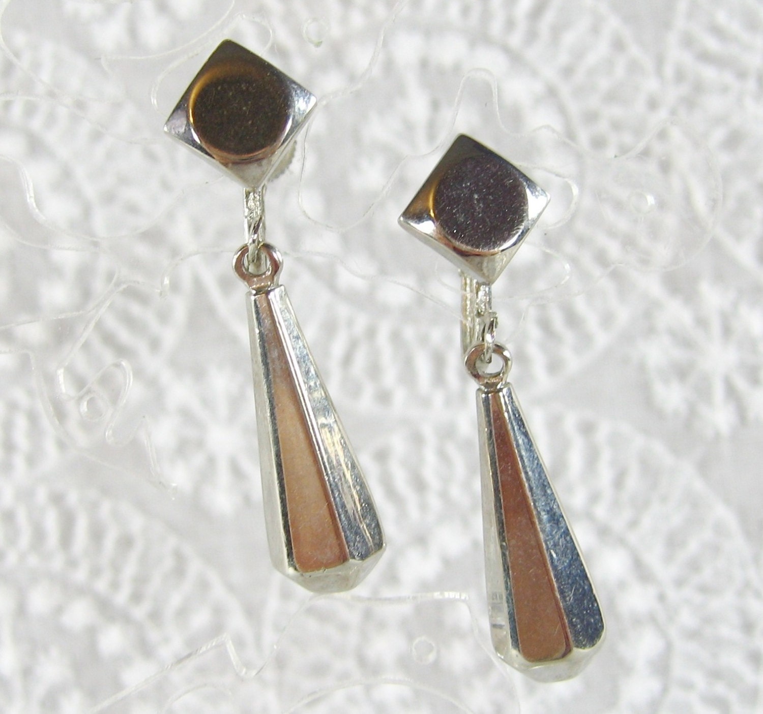 Antique Dangle Earrings, Silver Faceted Teardrops, Geometric Drops, Screw-backs, 1920s Art Deco Nouveau Jewelry, Valentines Day Gift