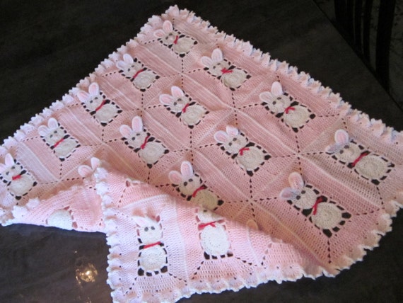 Crochet Pink Baby Blanket with bunny rabbits for by MagicalStrings