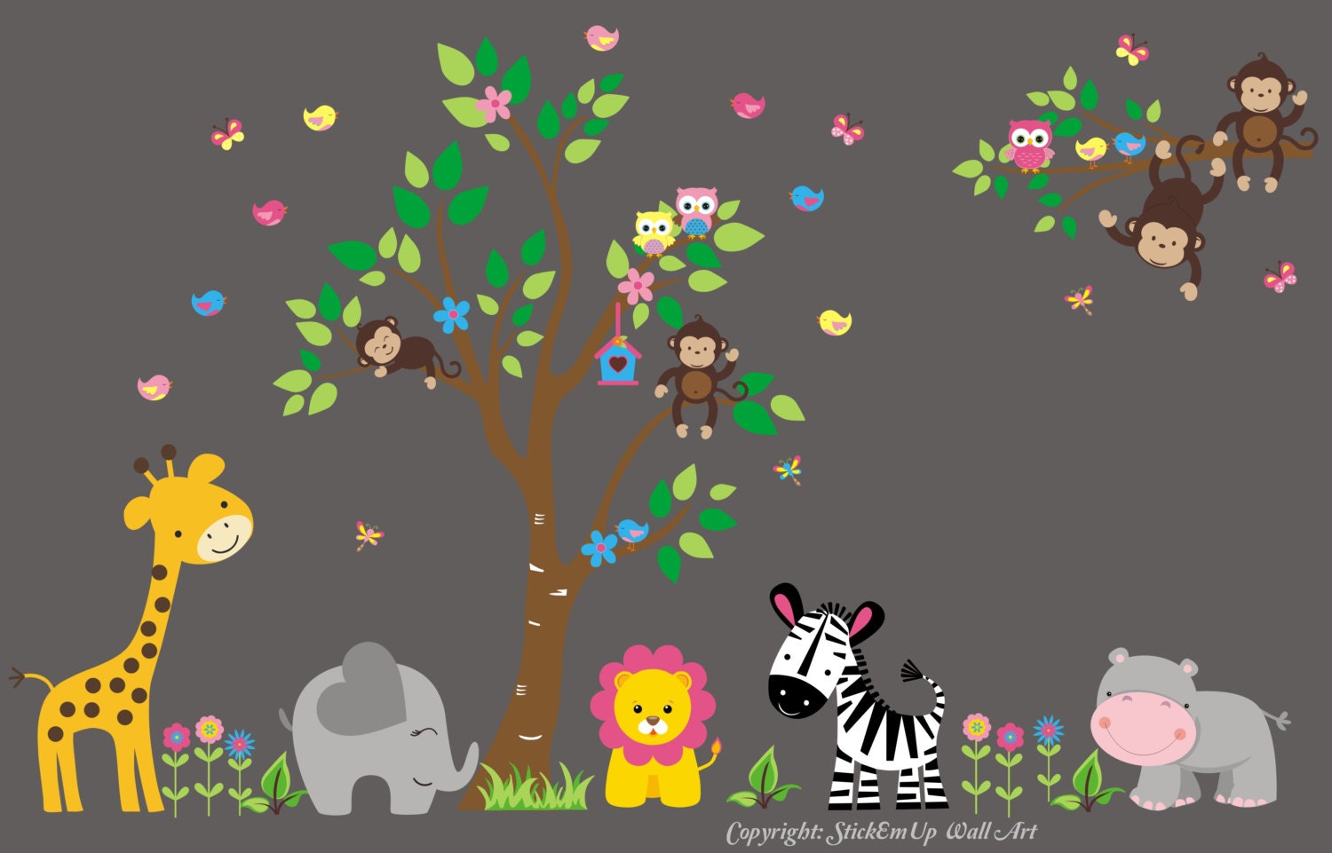 Nursery Wall Decal - Baby Wall Decal with Jungle Animals - Giraffe, Elephant, Lion, Zebra, Hippo, Monkeys - 467.1