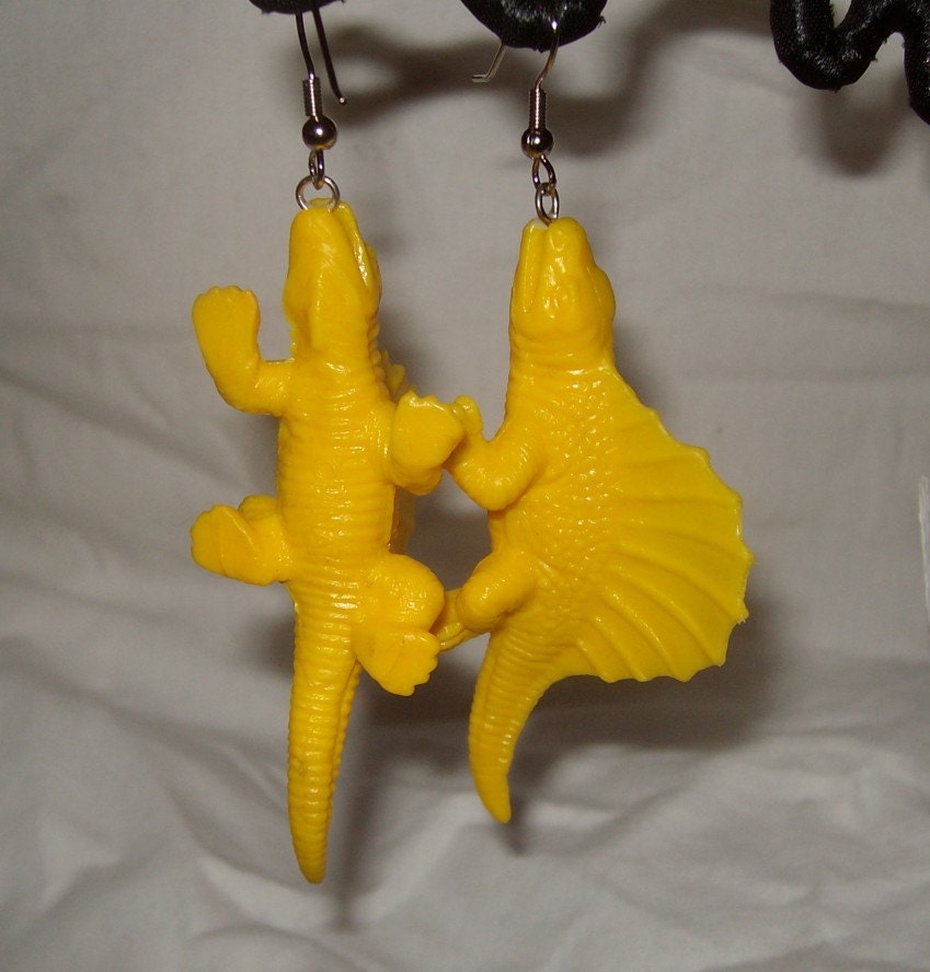 Dimetrodon dinosaur upcycled toy earrings recycled kitsch kawaii colorful funny hipster red or yellow