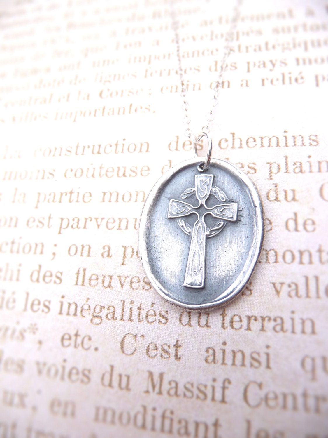 Celtic Irish cross wax seal necklace hand stamped from reclaimed fine silver