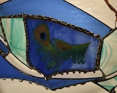 Cobalt Blue Teal Stained Glass Art Sun catcher Peacock Feather Copper Diamond Bevel