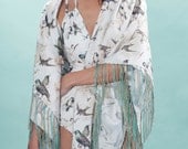 AMAZING vintage bird theme print, Pure silk twill giant scarf. Hand rolled 130CM X 130CM with Fringe.