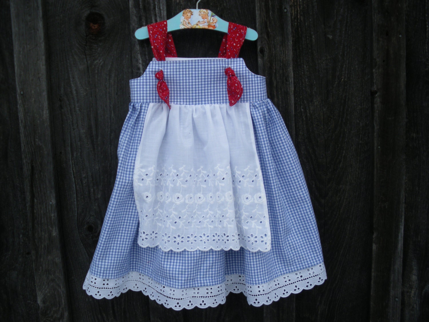 girls Dorothy apron knot dress blue and white , available to order 1T 2T, 3T,4T,5t