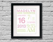 Personalized Birth Announcement Poster with Stats: 11x14 inches