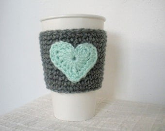 Crochet Coffee Cup Sleeve Valentines Day Crochet Cup Sleeve in Grey and Mint