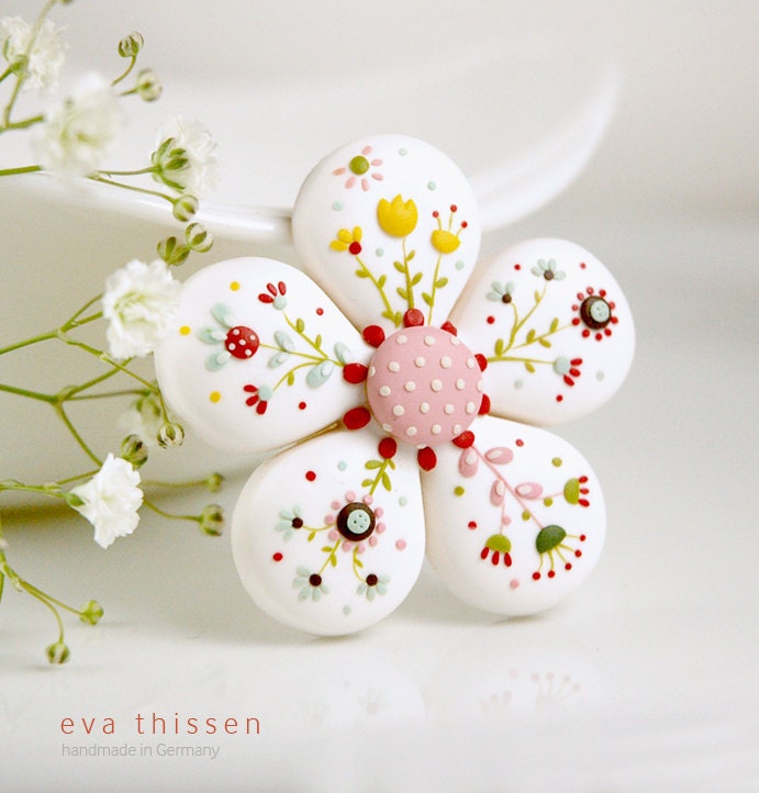 Bloom. Hand made polymer clay brooch in white. Made to order