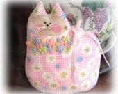 Cat Pillow Doll 7 inch, Cloth Doll, PINK DAISIES , Primitive Soft Sculpture Handmade CharlotteStyle Decorative Folk Art