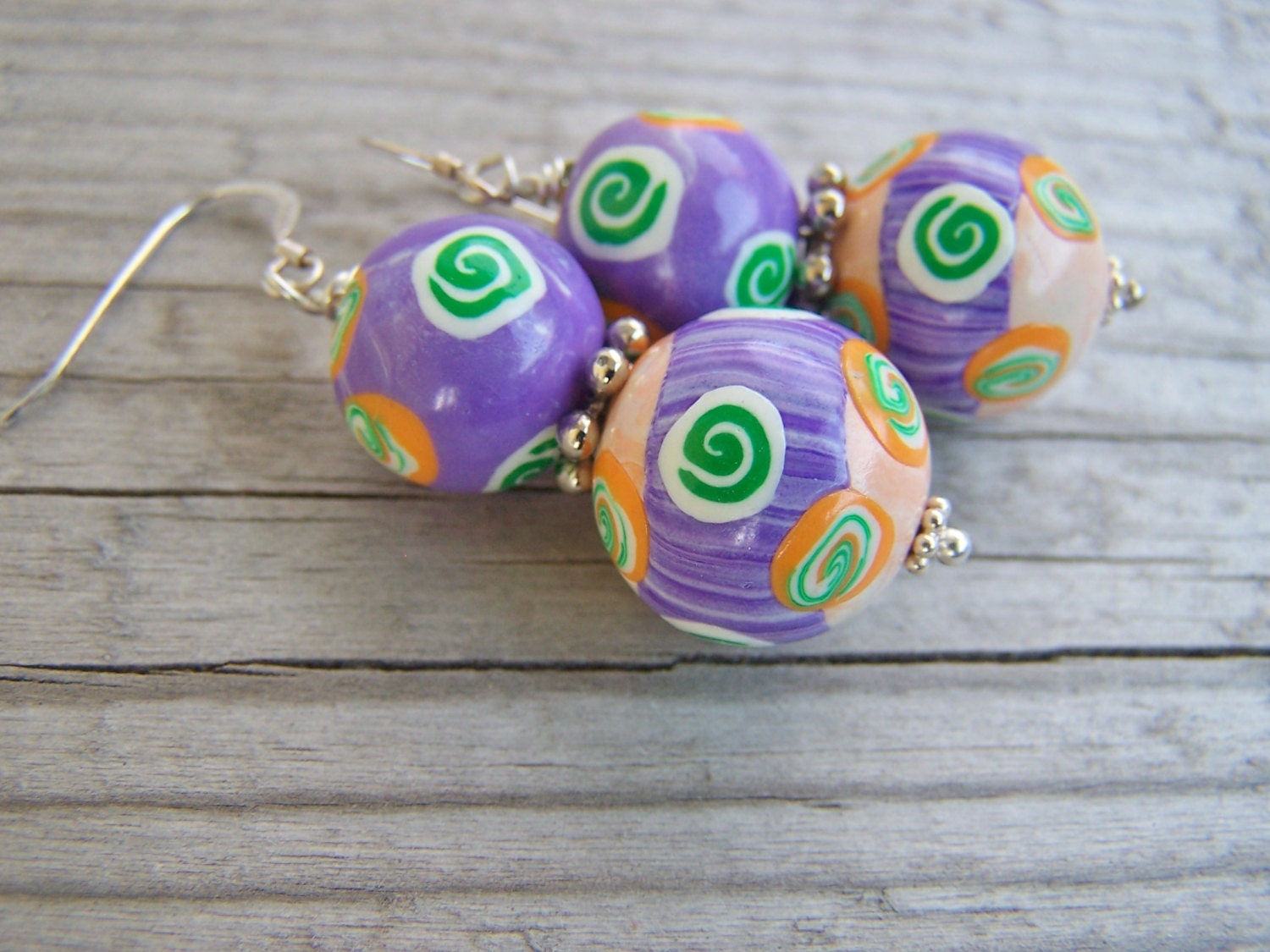 Polymer Clay Earrings Spring Swirls Purple Green