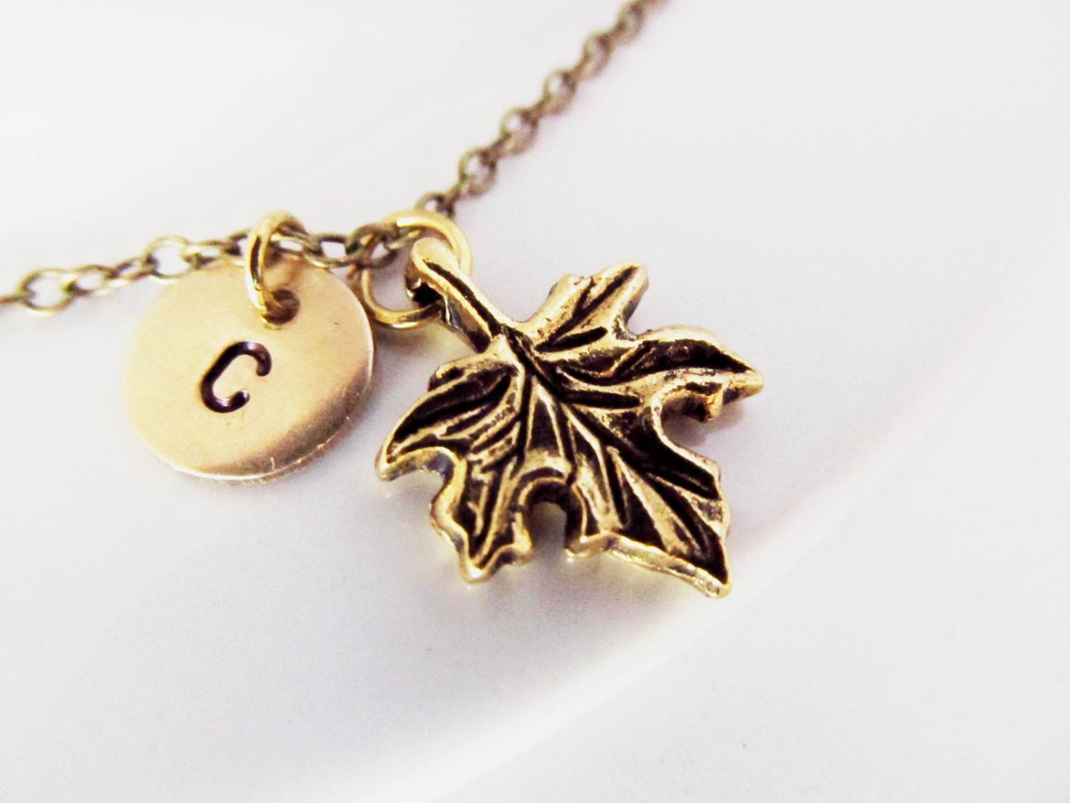 Maple leaf charm necklace, initial necklace, initial hand stamped necklace, personalized necklace.- FREE SHIPPING.
