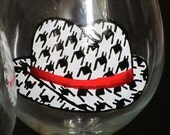 READY TO SHIP University of Alabama Wine Glass Themed Houndstooth Fedora or Football Helmet Chevron Painted Wine Glass