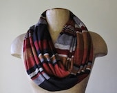 Striped Infinity Scarf - Red, Brown, Grey, Black Stripes - Earthy Loop Scarf - Retro Circle Scarf