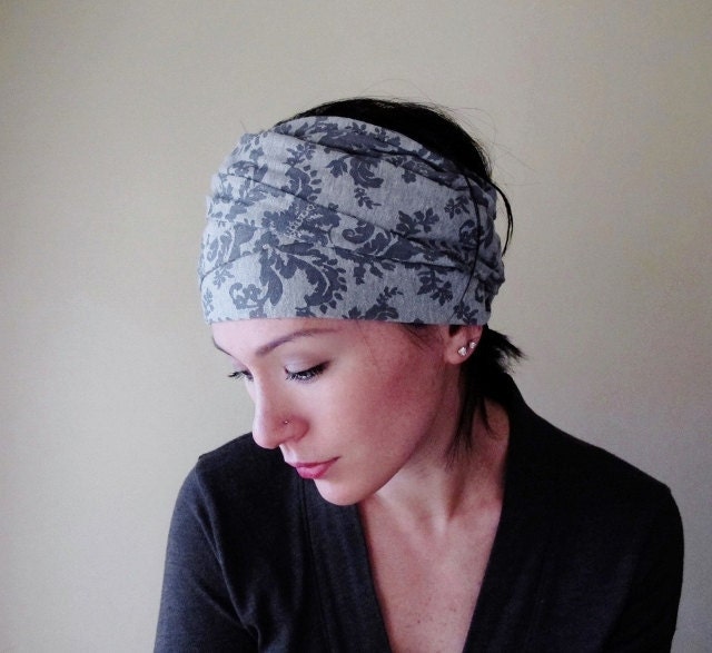 Damask Head Scarf - Grey Headband, Hair Wrap, Hair Accessory - Womens Neck Bow, Turban, Ascot - Filigree Hair Accessories