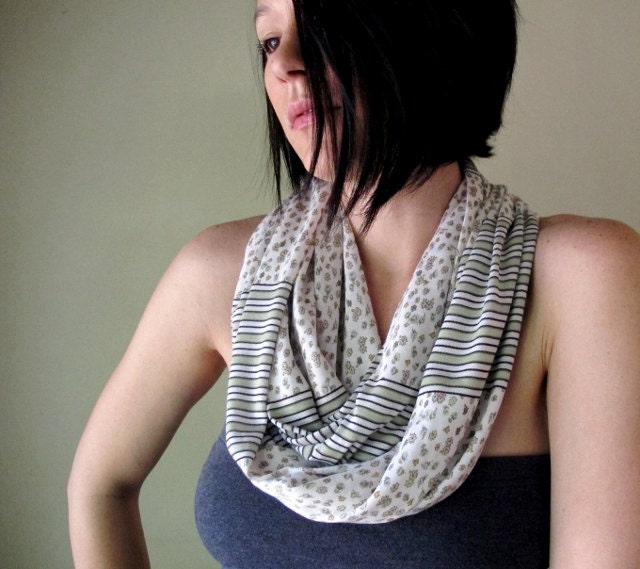 Floral Infinity Scarf - Striped Loop Scarf - Pear Green Floral Pattern and Stripes - Womens Spring Circle Scarf