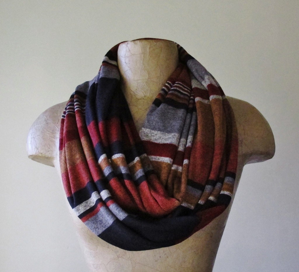 Striped Infinity Scarf - Red, Brown, Grey, Black Stripes - Earthy Loop Scarf - Retro Circle Scarf