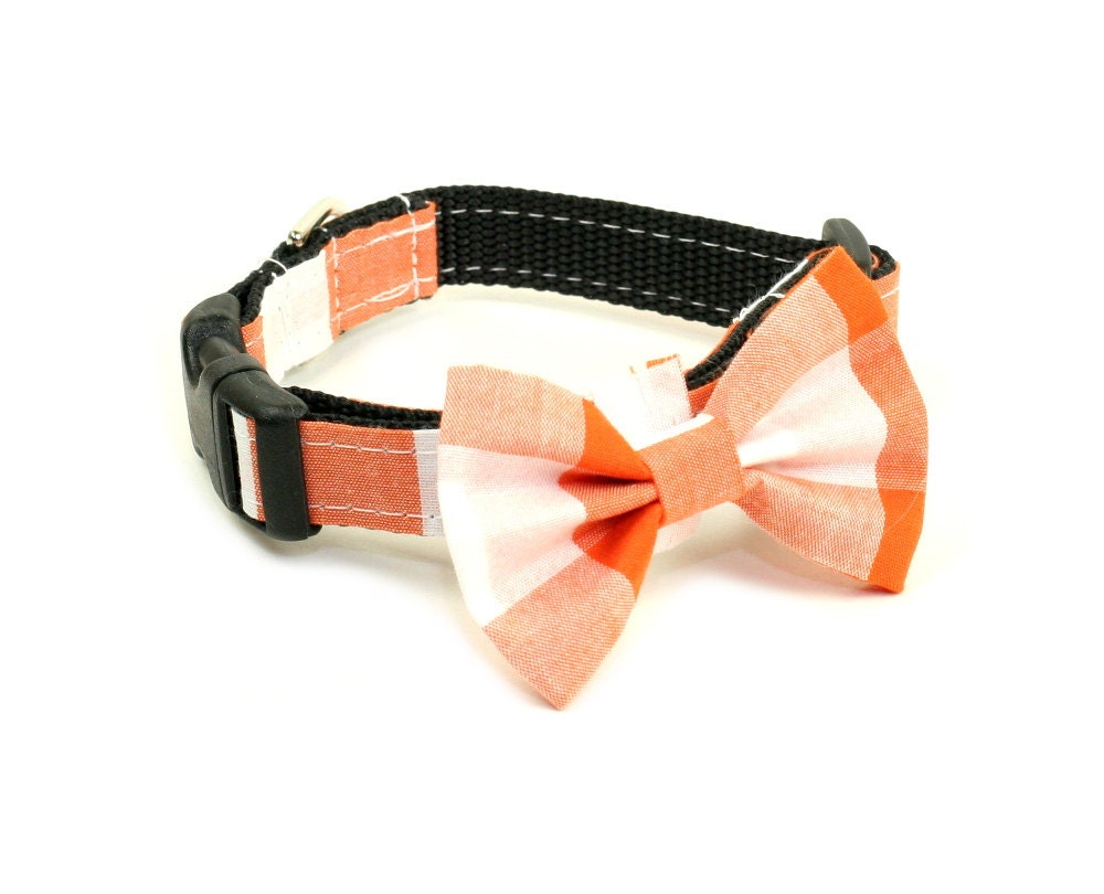 Wedding Dog Collar with Bow Tie Set (or Upgrade to Dog Martingale) - Checkered Orange and White