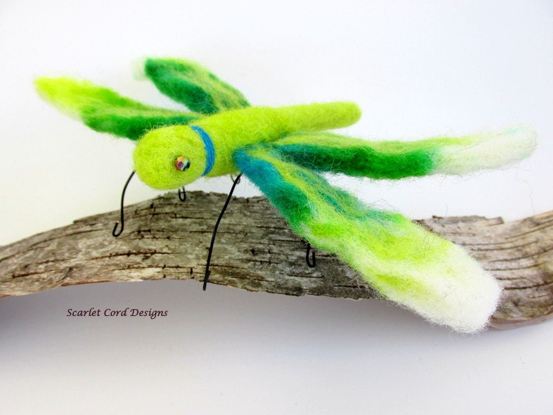 Wool Felt Dragonfly -  Lime Green and Aqua Needle Felted Art Sculpture Insect