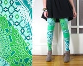 LONG LEGGINGS/ high waisted, tight and fitted, printed leggings, blue and green, leaf print, ocean print, asymmetrical, tall leggings, swirl