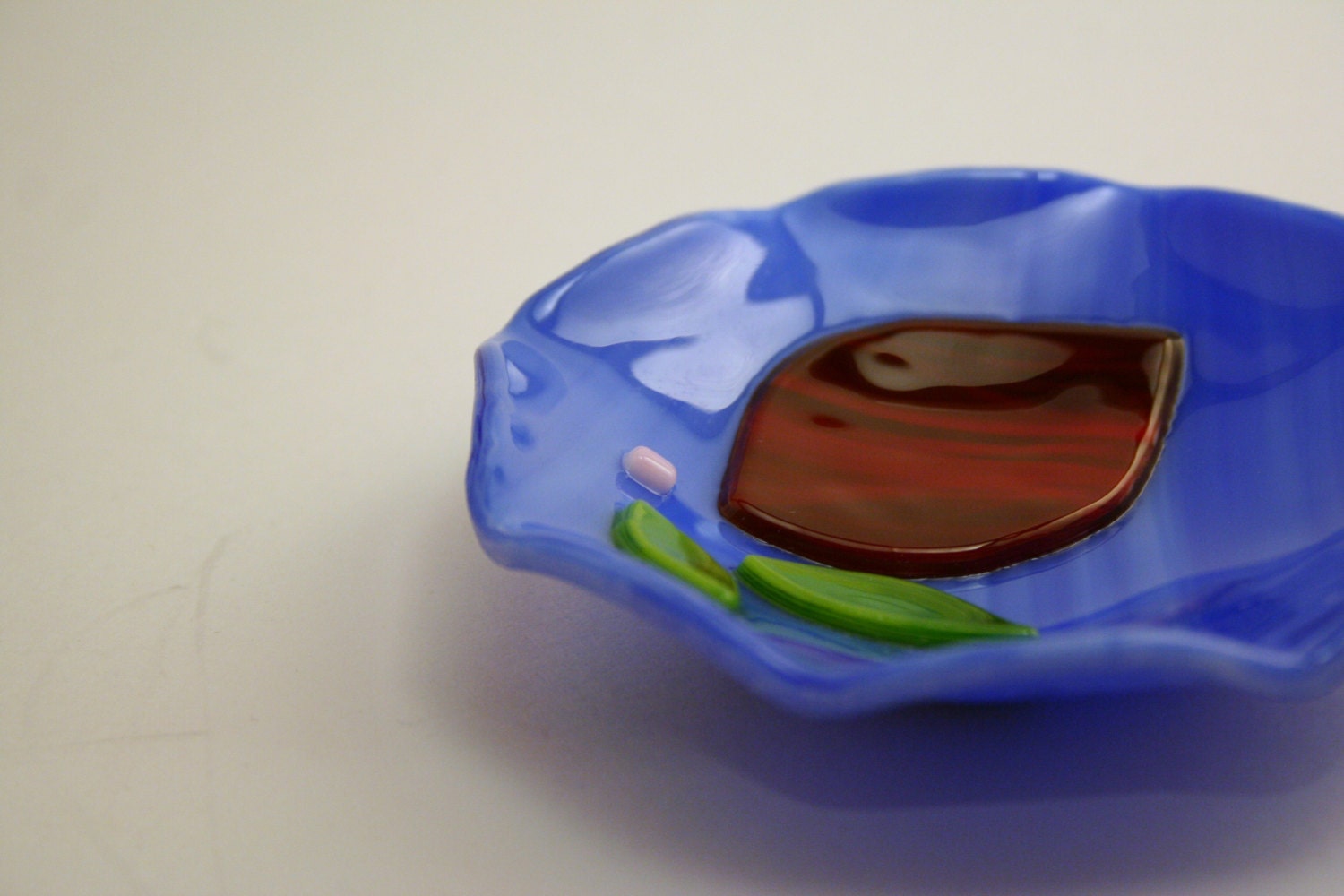 Sky Blue Fused Glass Jewelry Ring Trinket Dish Tea Bag Holder with Leaves