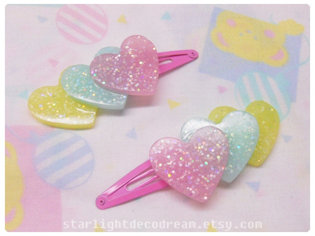 Triple Heart Pastel Fairy Glitter Resin Hair Clip for  Fairy Kei Decora Kawaii Cute Fashion