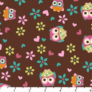 02987 -  David Textiles - Hoot Owls with flowers  in brown - 1 yard