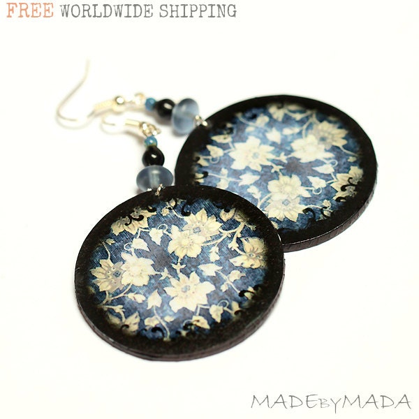Floral Fabric Denim Earrings Free Shipping Round decoupage earrings Floral motif blue,  gift for her under 25 (B4)