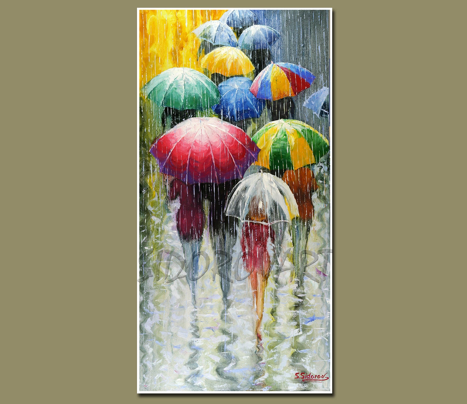 CANVAS Print, GICLEE Print, Landscape Painting , CITYSCAPE Painting, Fine Art Print Of, Original Oil Painting,Umbrellas, Rain Size 13inX26in