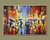 Art Print of- Original Oil Painting- UMBRELLAS Series-Canvas Print-Giclee Print- Cityscape Painting ,Rain Painting  Size 19inX13in
