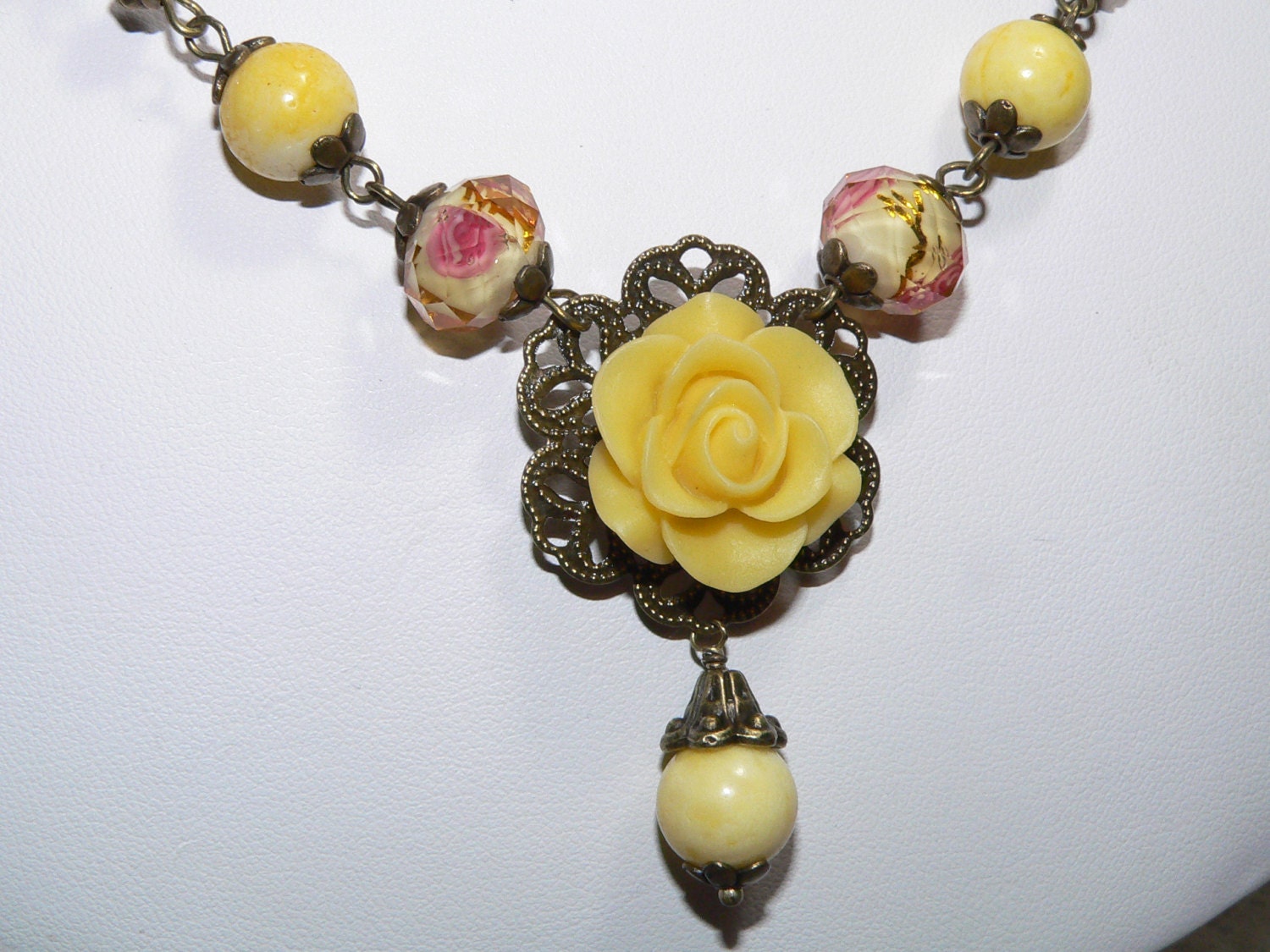 Yellow Rose Lampwork Crystal and Yellow Coral Beaded Chain Victorian Romantic Floral Necklace