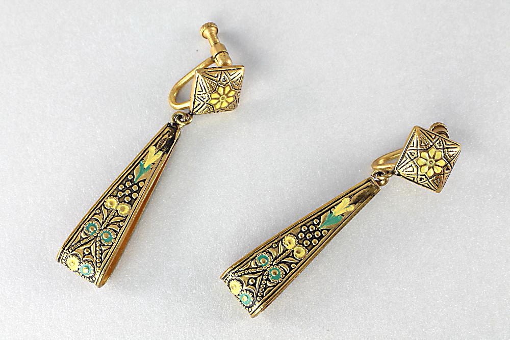 Vintage Spain Damascene Earrings dangle drop Green Yellow enamel