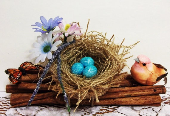 Bird and Nest on Cinnamon Sticks With Silk Flowers For Your Home Decor
