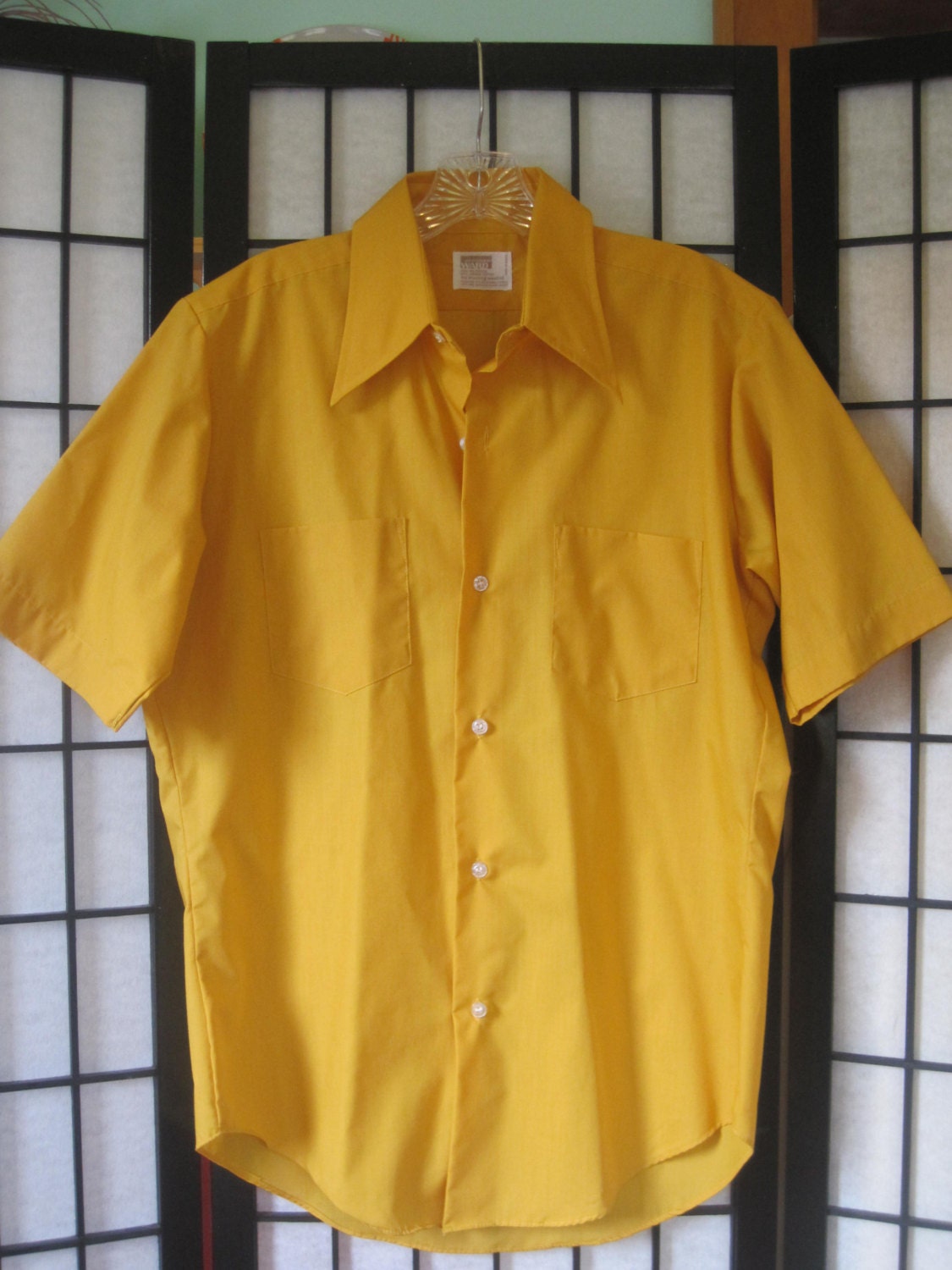 Vintage Mens  Boho 1960s 1970s Shirt Ochre Yellow Short Sleeve Mustard Medium Large Unisex