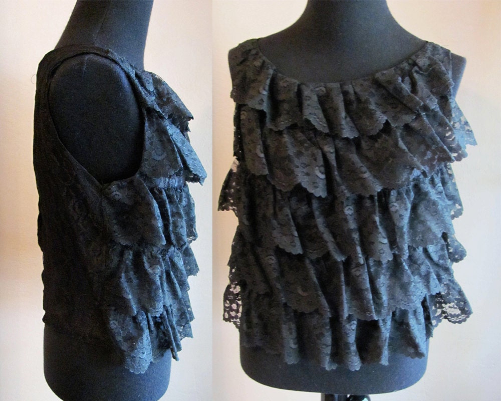 Vintage Late 1950's Early 1960's Black Lace Ruffled Cropped Top - Metal Zipper - American Union Made - Size Medium