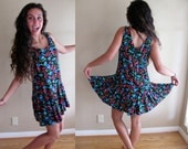 1980's Rayon Floral Drop Waist Dress - Neon Colors on Black Background
