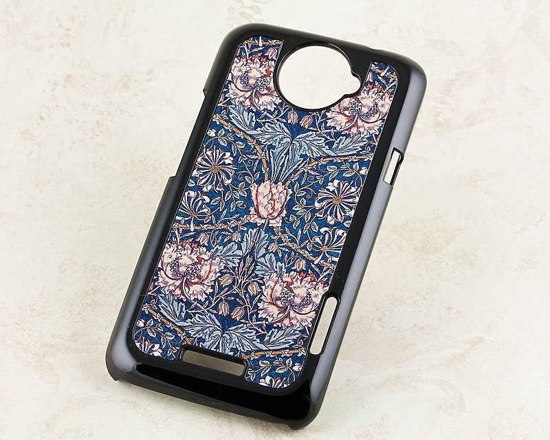 HTC One X Floral Android Cell Phone Case, William Morris Victorian Honeysuckle Peach Flower Design Snap on HTC Case in Black or White