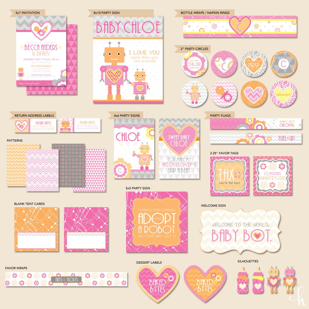 Custom Robot Baby Shower - "The Mostess" PRINTABLE Party Collection and Invitation