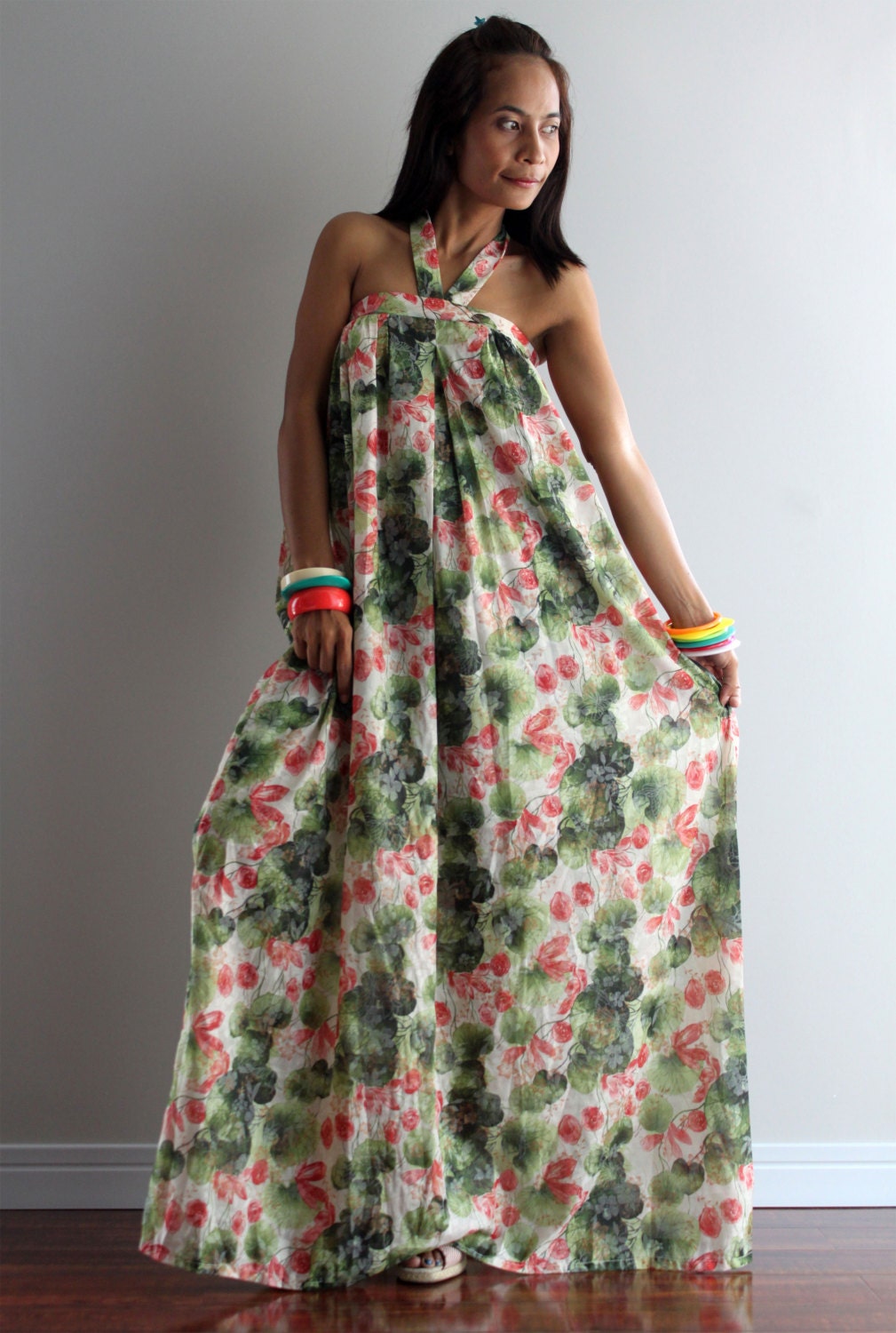 Green Floral Maxi Dress Party Bridesmaid Stylish Tube Halter Spring Summer : Flower Blossom Collection  (Original Design Since March 2011)