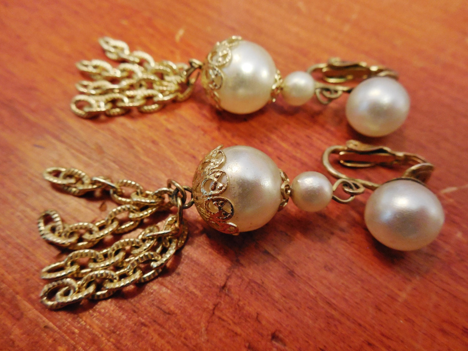 Vintage Clip On Earrings Faux Pearl Dangle Dusters