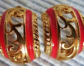 Vintage Earrings Gold & Red Filigree Pierced Earrings