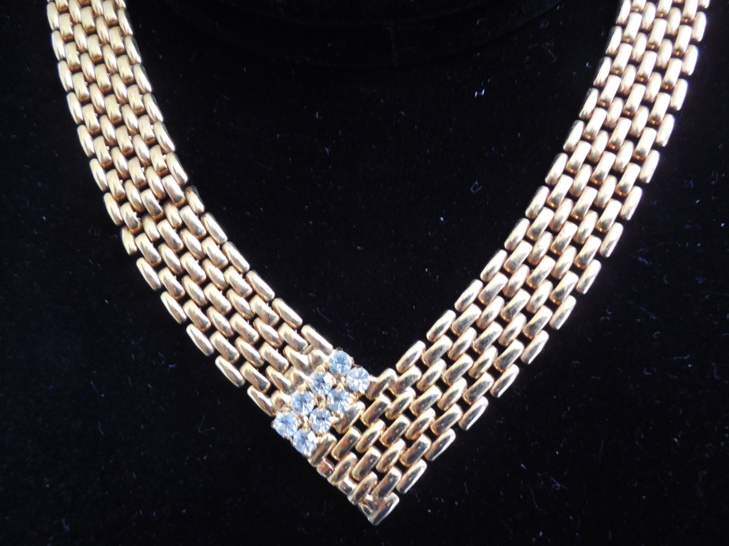 Vintage Goldtone Mesh Necklace with Prong Set Rhinestones