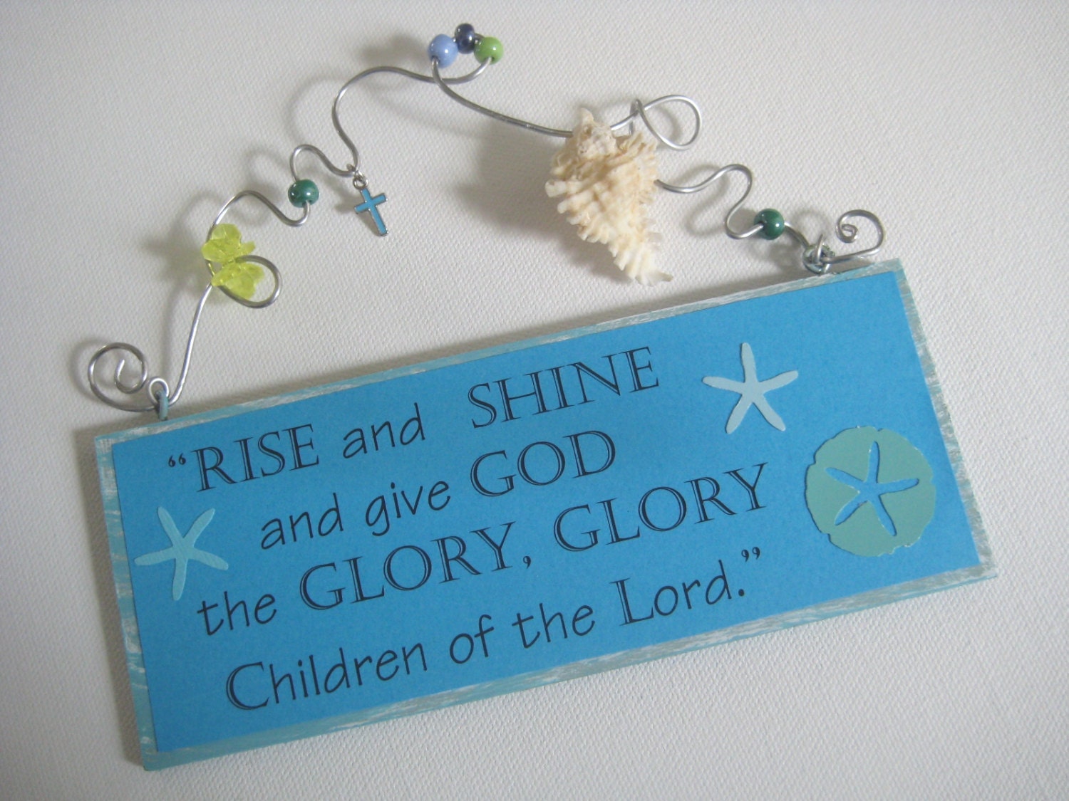 Rise and Shine Door, Mirror or Wall Art  - Aqua with Shells, Beads and a Cross
