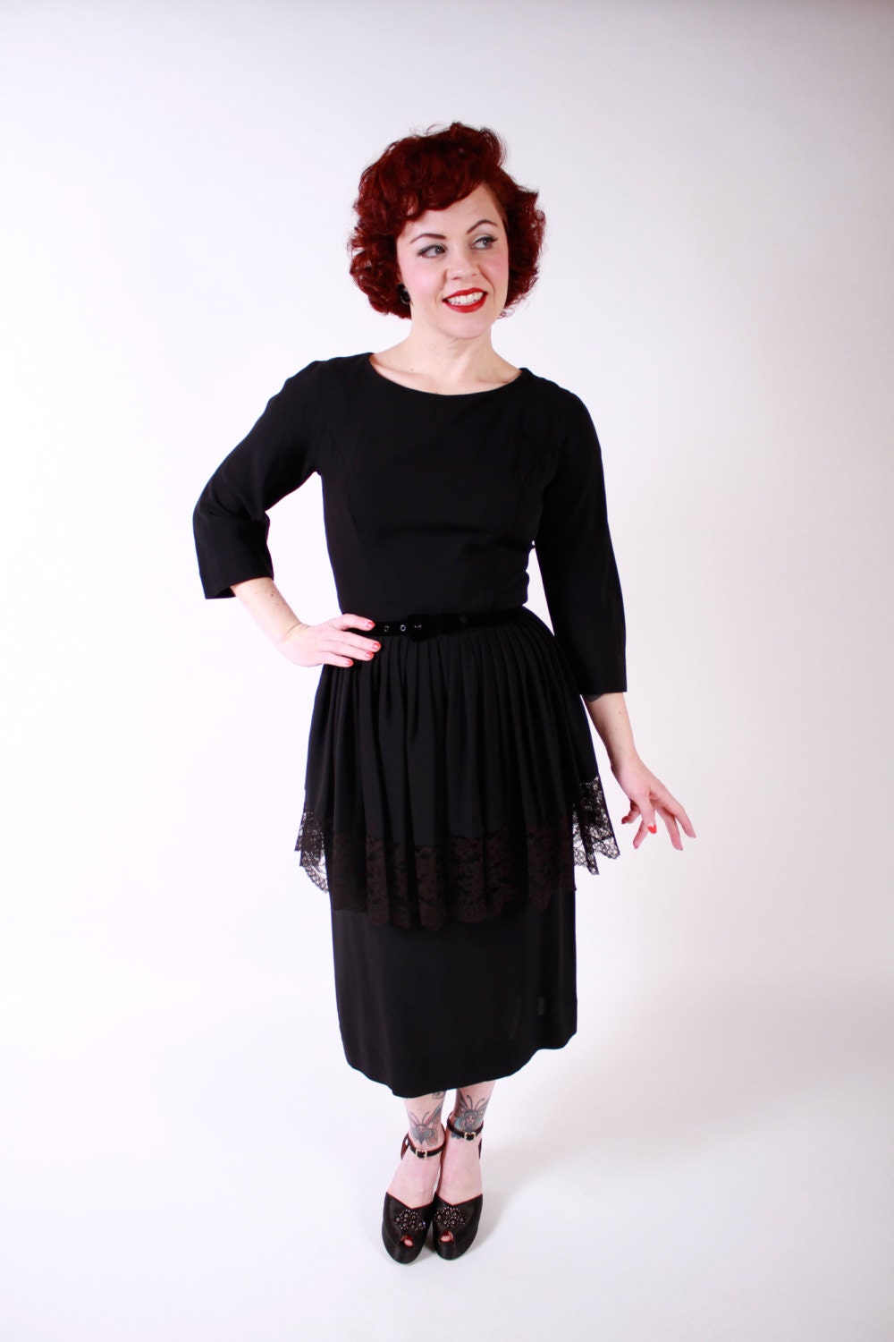 1950s Vintage Dress...Black Rayon 50s Cocktail Dress with Lace Trimmed Overskirt Size Medium