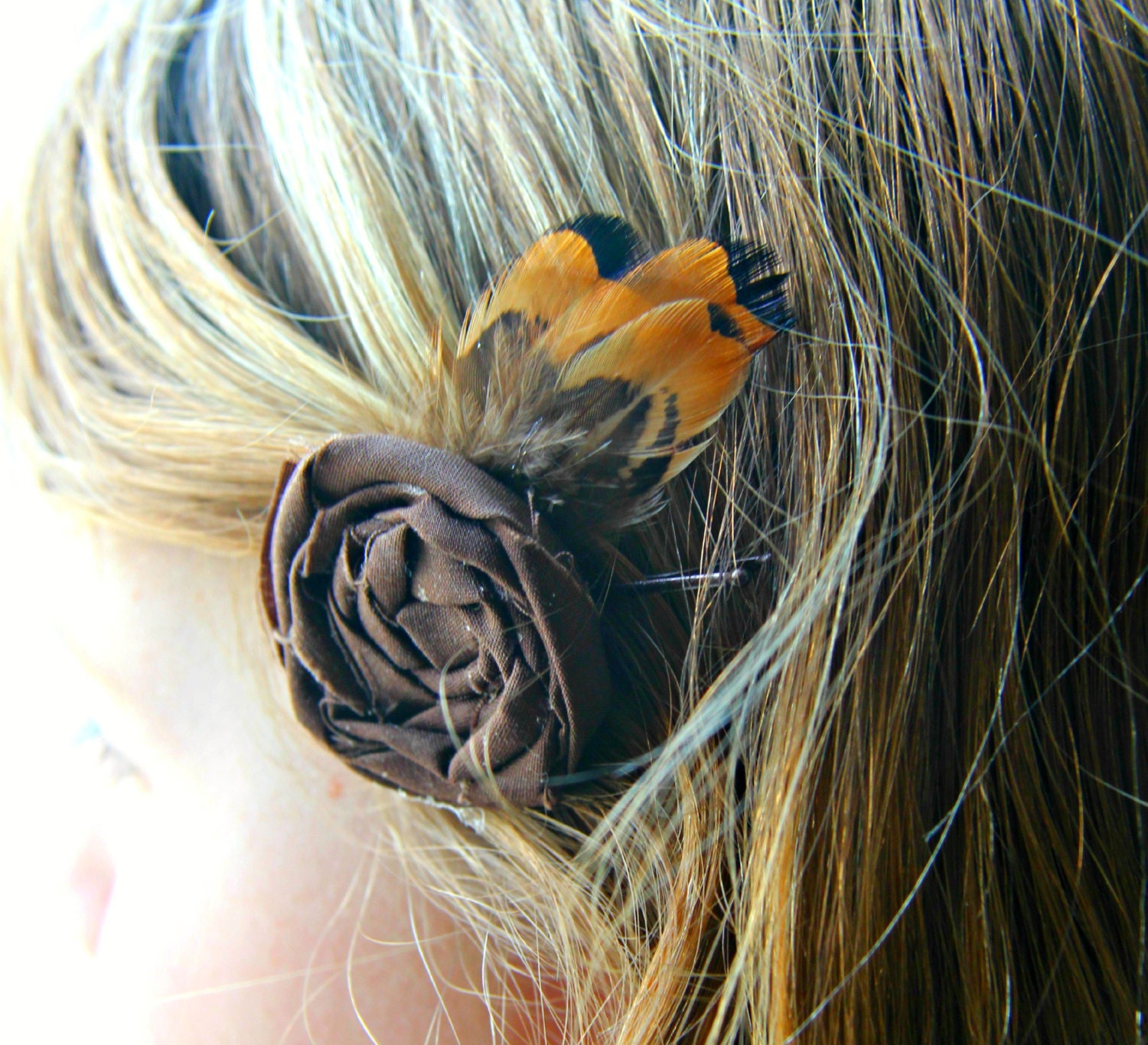 Fabric Flower Rosette & Feather Bobby Pin - Chocolate Brown - Always Very