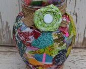 Upcycled Patchwork vase fabric burlap ribbon mantle decor flower vase