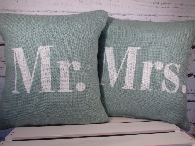 Mr and Mrs burlap accent pillow covers with white letters - Pillow Inserts Sold Separately
