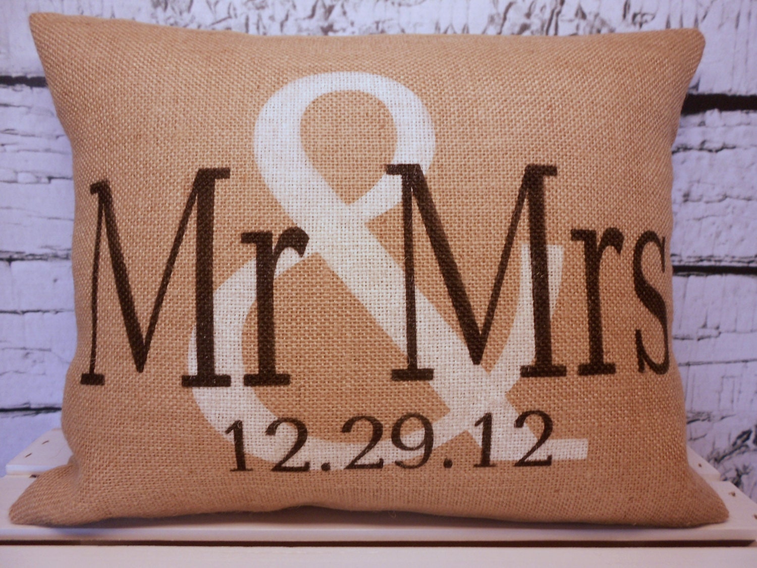 Mr & Mrs burlap personalized pillow cover in vintage white and black - Pillow Insert Sold Separately