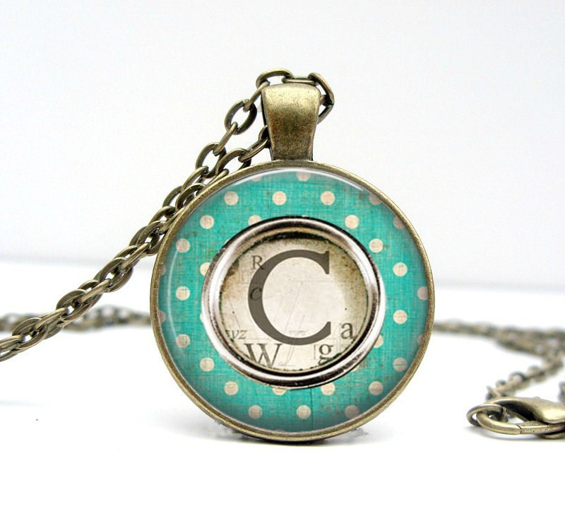 Typewriter Key Necklace - Green Dot - Glass Art Pendant Picture Pendant Photo Pendant Handcrafted Personalized Jewelry by Lizabettas