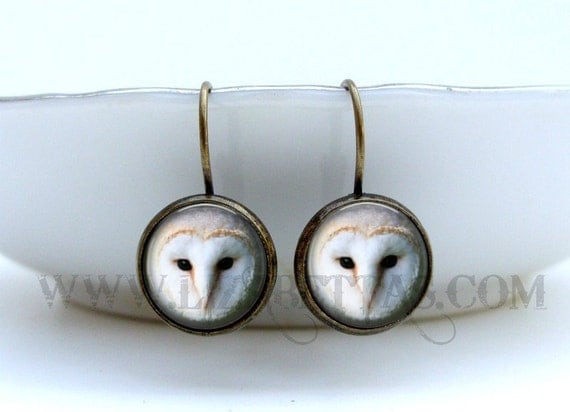 Barn Owl Earrings Glass Art Earrings in Vintage Bronze Picture Earrings Photo Earrings