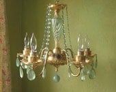 Chandelier, Aqua Crystal and Gold Gilt, One of a Kind